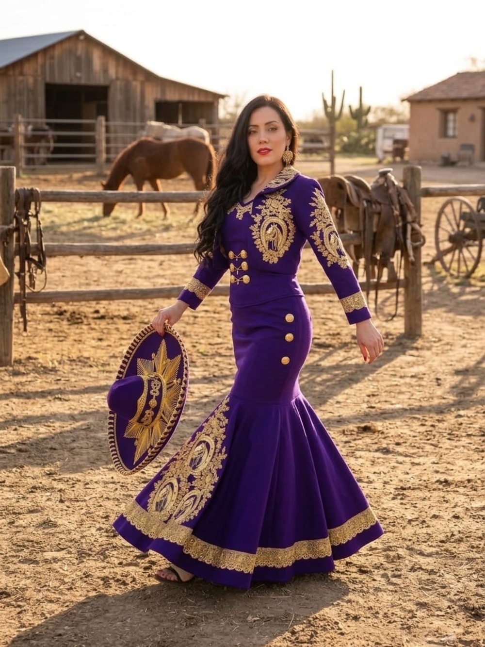 Women's Purple & Gold Embroidered Mermaid Dress by